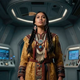 bust portrait of female iroquois warrior standing in front of a space ship command center, fashion editorial photography, waist up, low angle