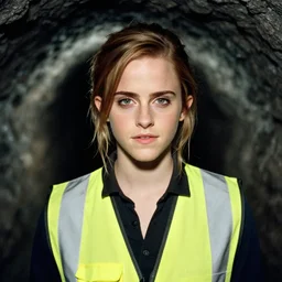photo, close up, emma watson in a hi vis vest, inside coal mine, portrait, kodak gold 2 0 0,