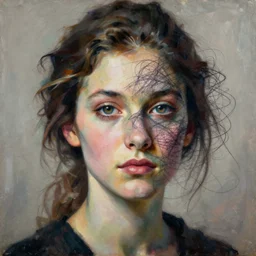 a painting of a beautiful woman. in the style of laszlo moholy - nagy and noriyoshi ohrai, the face has been scribbled out in biro, trending on artstation, highly detailed, ultrarealistic, digital art