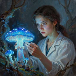 A mixed media portrait painting of an aesthetic! woman scientist examining a giant blue glowing mushroom in a mire, mycologist, detailed Aesthetic! face and eyes, slavic, by Beeple, Frank Frazetta, Greg Rutkowski, Christian MacNevin, Boris Vallejo, epic fantasy character art, high fantasy, CGsociety, exquisite detail, post-processing, masterpiece, cinematic
