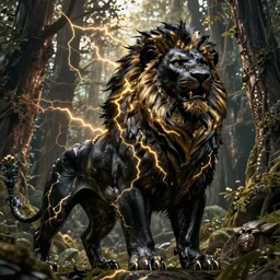 epic black lion with gold lightnings on the body surrounded by ancient forest, colossal scale ,hyperdetailed, artstation, cgsociety, 8k, illustration, rutkowski, raphael lacoste, magali villeneuve
