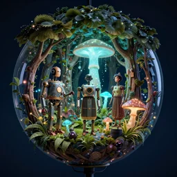 victorian robots and bioluminous mushrooms growing in a spheroid forest, 3d render, nightlight Study, by Jan Davidsz de Heem and Lisa Frank, Art Nouveau, 8k, extreme detail, sharp focus, cinema 4d render