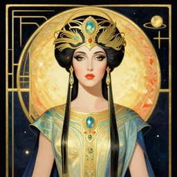 art deco portrait of the powerful empress of the solar system in the style of charlie bowater and in the style of donato giancola. glowing, ornate and intricate linework, sharp focus, depth of field, stunning, dynamic lighting, ultrafine and hyperdetailed.