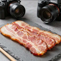 cooked bacon, authentic, zeiss, 3 5 mm, dslr, macro, food photography, tasty, wide shot, studio, gmaster, cooking, food, kodak, sony, canon