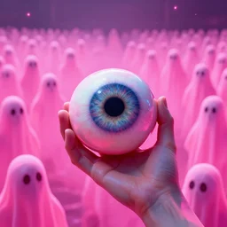 symbolic eyeball in hand over pink fields of infinite quantum ghosts, synthwave, bright neon colors, highly detailed, cinematic, tim white, vladimir kush, philippe druillet, roger dean, bob eggleton, michael whelan, boris vallejo, alfred kelsner, kubrick, jaroslaw jasnikowski