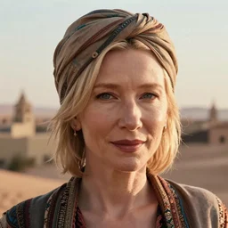 hyperrealistic close up portrait of cate blanchett , wearing a turban, lit by dawn light, desert city on background, trending on artstation