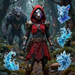 red ridding hood hunting for mystical forest monster and wearing a steampunk and neonpunk mechanical fluorescent mystical animal mask. realism in style of fornite game. full body, product introduction photos. bio luminescent, plasma, ice, water, wind, creature, artwork by tooth wu and wlop and beeple and greg rutkowski, epic cinematic shot, perfectly defined features, ambient occlusion