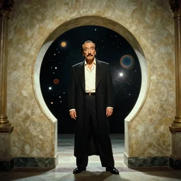 the full body shot of arrogant salvador dali in the role of emperor of universe | porthole in the wall of palace | still frame from the prometheus movie by ridley scott with cinematogrophy of christopher doyle and art direction by hans giger, anamorphic bokeh and lens flares, 8 k, higly detailed masterpiece