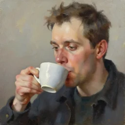 bach drinking a coffee from a coffee cup, super realistic painting, visible paint layers, thick brush strokes.