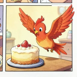 a comic book page showing a young small phoenix hummingfirebird learning to bake a cake