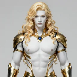 the latest blond male beefcake by Sakimichan, porcelain white skin, gilded baroque obsidian cyberpunk bodysuit, voluptuous male, long curly light blond hair, long fluffy blond curly hair, wreathed in scintillating radiance flames of war, hyper detailed background, 4K, artstation