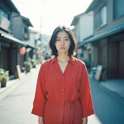 woman, beautiful asian, standing in front of the camera, in a japanese street, emotionless, fed up, medium shot, red and blue colours, broad light, sketch, lens flare, aaron siskind