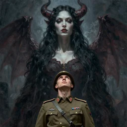 soldier looks up to a giant, demonic woman, by nikolay makovsky.