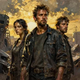 painting of the figures of three people in a post apocalyptic scenery, high contrast, concept art, dramatic lighting, digital art, 8 k, extremely detailed, golden hour, drawn by ruan jia
