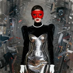 woman all dressed in metal gucci dress, beautiful face and eyes, red mask on her face, black velvet fabric, highly detailed, white accents, cel shaded, cinematic shot, trending on artstation, high quality, detailed and chaotic background, brush strokes all over, by tom bagshaw and jama jurabaev