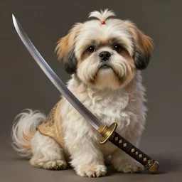 a anthropomorphic shih - tzu warrior, holding a katana, diffuse lighting, fantasy, intricate, elegant, highly detailed, lifelike, photorealistic, digital painting, artstation, illustration, concept art, smooth, sharp focus, naturalism, trending on byron's - muse, by greg rutkowski and greg staples and alphonse mucha