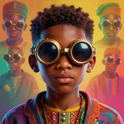 colourful vfx upper half - portrait - art of a nigerian boy wearing steam punk goggles in the style of jack davis, art by hsiao - ron cheng & james jean, digital render, digital illustration, concept art, caricature, volumetric light, ray tracing, symmetrical, unreal engine, octane 3 d render, sharp, detailed, intricate detail, pinterest, behance, art station,