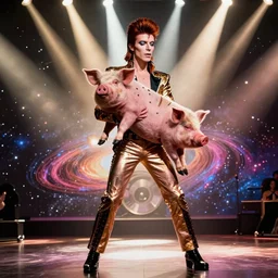 david bowie giving a piggy back ride to ziggy stardust. glam rock. cosmic. moebius ghibli studio. warhol.