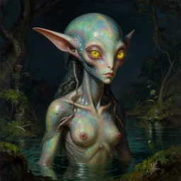 a close - up rococo portrait of an iridescent alien elf - like creature with futuristic features standing in water, moss, and swamp. glowing eyes. night time. rich colors, high contrast. gloomy, highly detailed 1 8 th century sci - fi fantasy masterpiece painting by jean - honore fragonard, moebius, and johfra bosschart. artstation