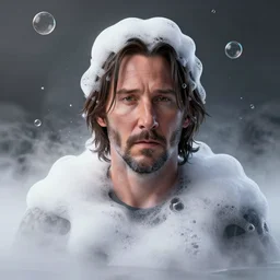 a beautiful render of a keanu reaves made of soap foam, thick foam, soap bubbles, foggy, volumetric lighting, very detailed, hyperrealistic, unreal engine 5, raytracing