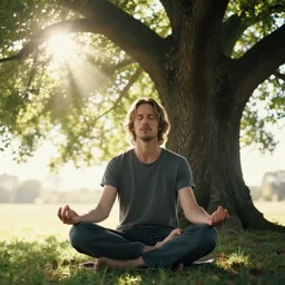 cinematic shot of Russell Brand meditating under a tree, sun rays, beautiful, trending on Artstation, 4k