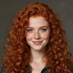 a young woman with curly red hair, freckles, smart, portrait, shallan davar, blue eyes, smiling, thick hair, rpg, dnd, fantasy, artgerm style