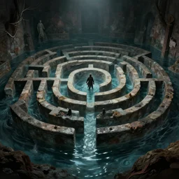 labyrinth half filled with water, dynamic, scary, detailed, cinematic, dramatic lighting, by giorgio de chirico