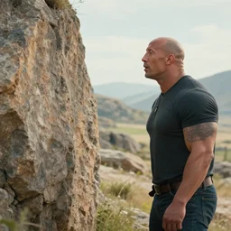 realistic still of dwayne johnson talking to a rock in whiterun, amazing details, 8 k, 8 5 mm, f. 1 4, beautiful composition