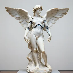 unfinished marble sculpture of female angel with solarpunk mecha humanoid robotic parts with bright led lights, pudica pose gesture, by michelangelo, uncarved marble blocks instead of feet, in white museum, ultra - realistic and intricate, hdr 8 k