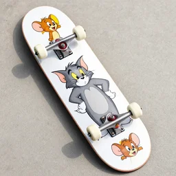 Tom and jerry themed skate board, skate board design, underside, glossy, lots of detail, Tom and jerry themed