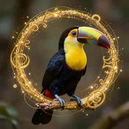 Alchemist toucan, magical gold glittering runes spiralling around him. Photorealistic. Trending on Artstation