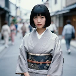 photo of a trendy japanese woman with bangs in 1966, wearing a loose kimono, artistic, street scene, waist length