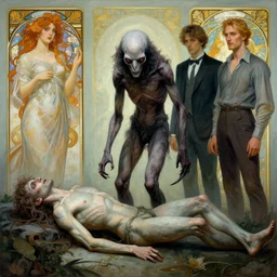 the creature seen at the end of a human's life, painted by zdzislaw beksinski and artgerm and greg rutkowski and alphonse mucha