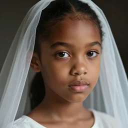 a photorealistic hyperrealistic, bright brown eyes, light skinned african american young girl, ponytail hair, flawless face, beautiful lips, cute face, gorgeous white veil, by wlop, artgerm, greg rutwoski, alphonse mucha, beautiful dynamic dramatic low - light moody lighting, cinematic atmosphere, artstation, concept design art, octane render, 8 k