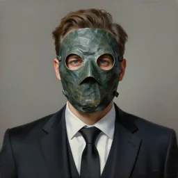 amazing portrait of a man wearing a garbage mask and formal suit, digital illustration, matte painting, oil painting, hyperrealistic, photoreal, symmetry, highly detailed, sharp focus, 8 k, hd, intricate, by beksinski and stalenhag