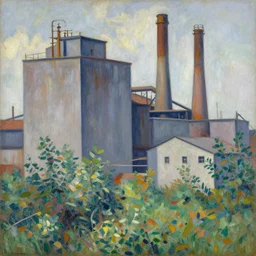 geometric painting of industrial buildings surrounded by undergrowth by camille pissarro