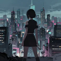 a woman standing in front of a city skyline, cyberpunk art by torii kiyomasu, featured on pixiv, analytical art, dystopian art, apocalypse art, anime aesthetic