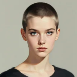 a beautiful portrait of a thin young woman with a buzz haircut by greg hildebrandt