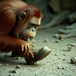 film still of an orangutan eating a boot in the new sci - fi movie