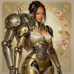 portrait of rihanna, robot steampunk, floral! horizon zero dawn machine, intricate, elegant, highly detailed, ray tracing, digital painting, artstation, concept art, smooth, sharp focus, illustration, art by artgerm and greg rutkowski and alphonse mucha, 8 k