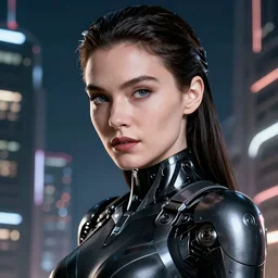VFX movie closeup portrait of a gorgeous futuristic robot woman in black spandex armor in future city, hero pose, beautiful skin, city night lighting by Emmanuel Lubezki