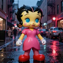 night flash portrait photography of animatronic betty boop on the lower east side by annie leibovitz, raining!! colorful!!, nighttime!,