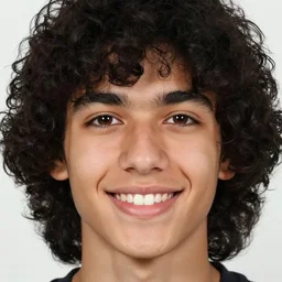 close - up portrait photograph of a teenage latino male with big brown eyes, a long italian nose, a big smile, curly medium length black hair, highly detailed, anatomically correct features,
