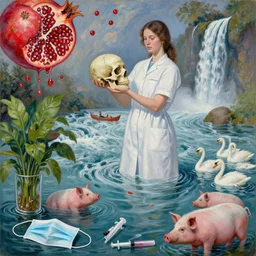 a tall female pathology student holding a skull, a river flooding inside, medical supplies, medical mask, syringes, pathology sample test tubes, pigs, plants in glass vase, water, river, rapids, canoe, pomegranate, berries dripping, waterfall, swans, acrylic on canvas, surrealist, by magritte and monet