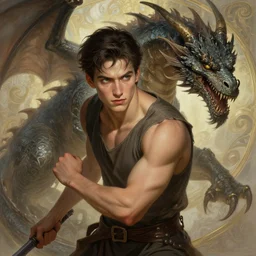 a determined and anxious handsome clean shaven young man with swept back dark brown hair and green eyes, preparing for a difficult battle with a large fierce dragon, fantasy, intricate, elegant, highly detailed, digital painting, artstation, concept art, smooth, sharp focus, illustration, art by artgerm and greg rutkowski and alphonse mucha