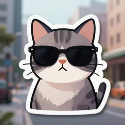 a sticker of a suspicious cat wearing sunglasses. city background. cartoon. unsplash. devinart. high quality. 4 k. high fidelity.