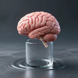 hyper realistic brain on top of a glass cylinder with ripples on the floor
