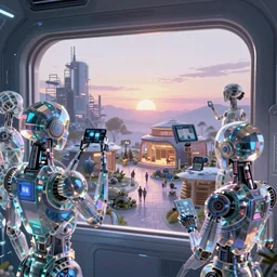 a cinematic composition depicting : we're overlooking translucid crystal android being, whos is behind their heads up display viewing out of their window how a high tech lush solarpunk tribe collaborating with their technologic android helpers encroaching a cyberpunk robot retreat resort in the sauna at sunrise, ghost in the shell