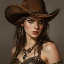 photorealistic portrait of a young butch cowgirl woman, handsome, female, masculine, upper body, fantasy, fierce, sharp features, intricate, elegant, highly detailed, digital painting, artstation, concept art, matte, sharp focus, illustration, art by artgerm and greg rutkowski and alphonse mucha
