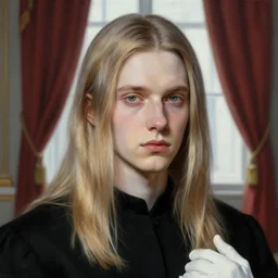 museum painting, closeup, pale handsome young male age of 3 0, mouse greyish very light brown hair, straight!! long blonde hair, shoulder - length!! dirty - blonde hair, black clothes, white clothes, gloves, background is the rich!!! curtain!!! on a window, sharp focus, highly detailed, digital art, matte painting, masterpiece, artgerm